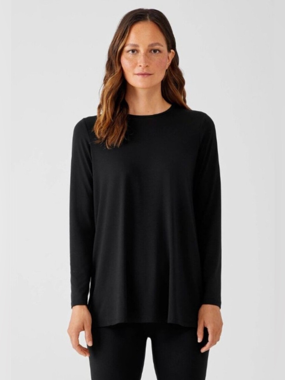 Eileen Fisher Stretch Tencel Jersey Jewel Neck Swing Top Black Long Sleeve XXS